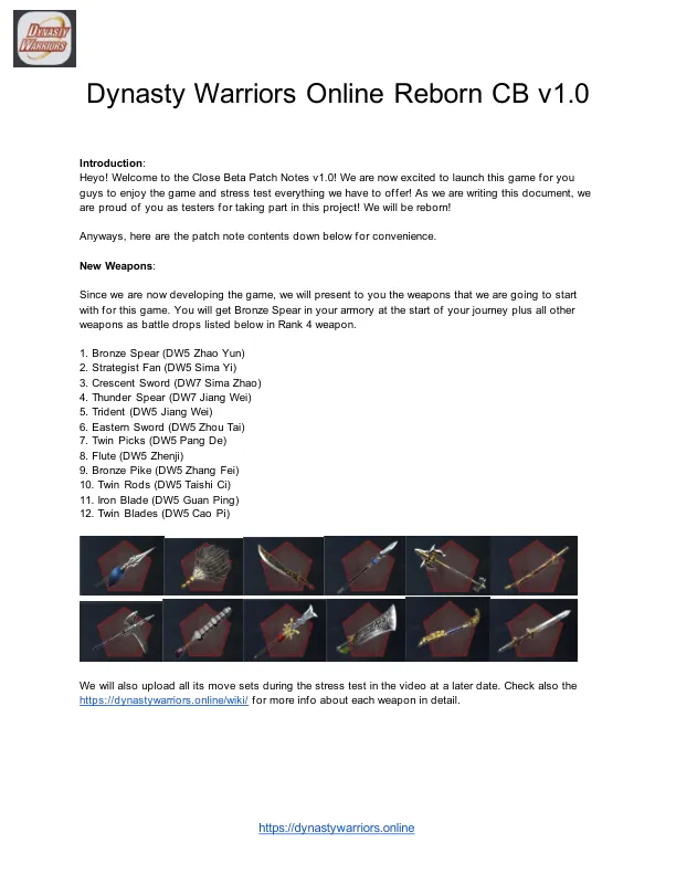 Patch notes page 1 of 6: Introduction, New Weapons