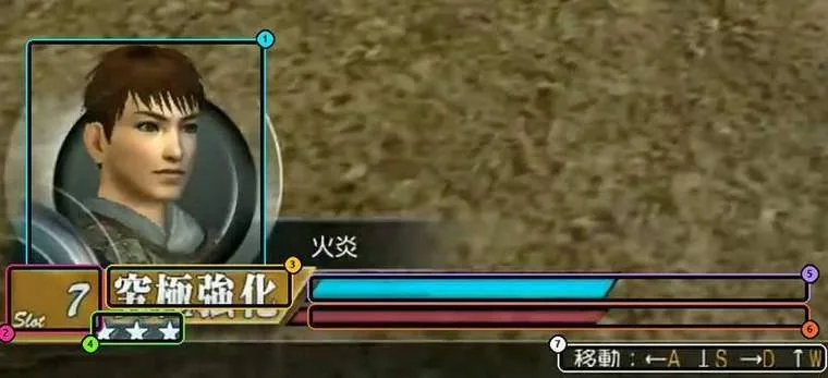 1: your portrait. 2: the slot counter. 3: the enhancement in that slot. 4: its stars. 5: Life bar. 6: Musou gauge. 7: the movement keys. (Original Japanese version of the game.)